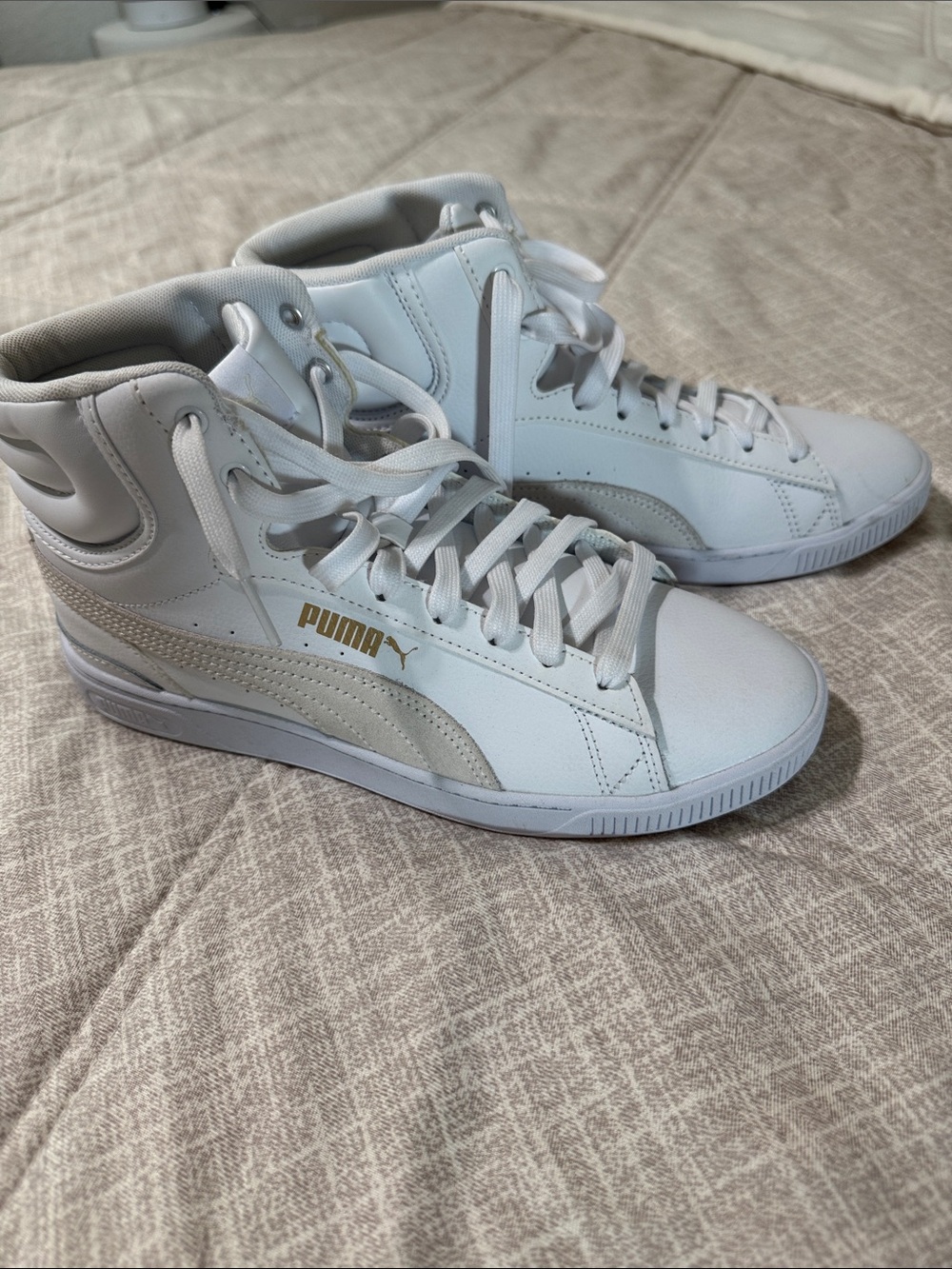 Puma White High-Top Sneakers with Gold Logo Accent